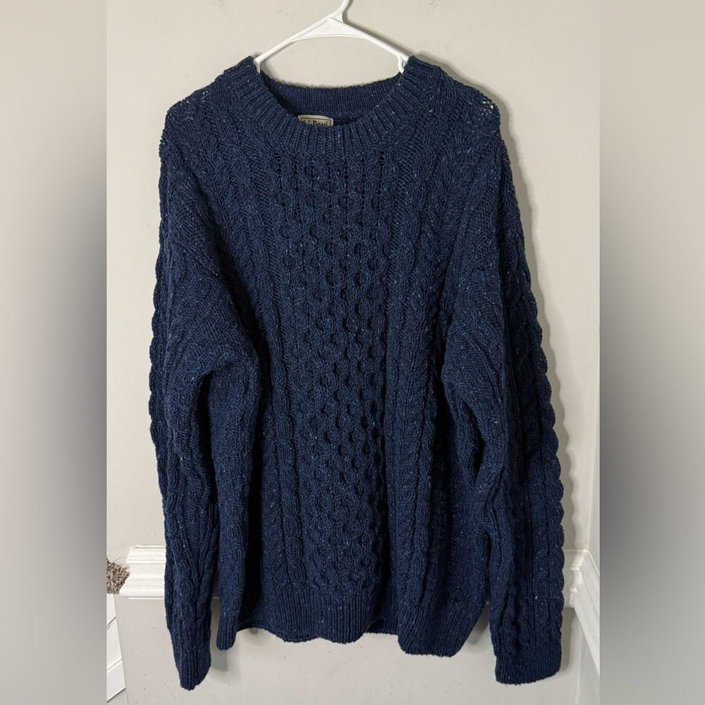 LL Bean men’s Vintage XXL 2XL blue Speckled cable knit Sweater‎ 100% Wool